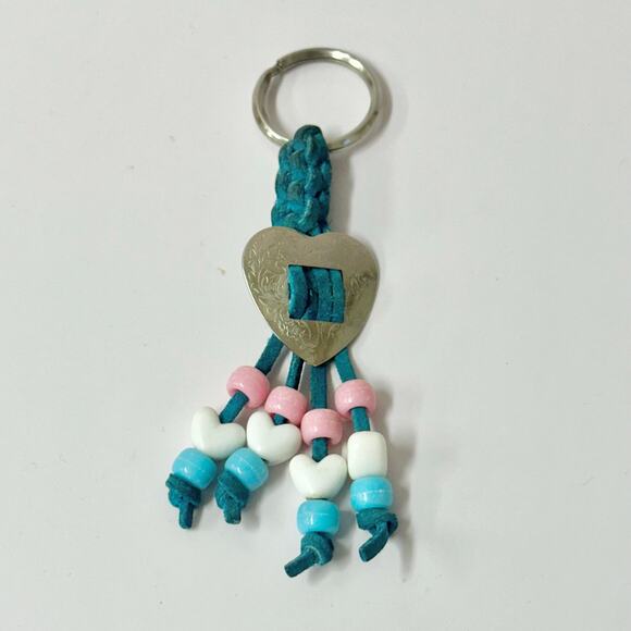 Vintage 90s handmade suede leather and bead macrame Keychain heart concho boho - Picture 10 of 14